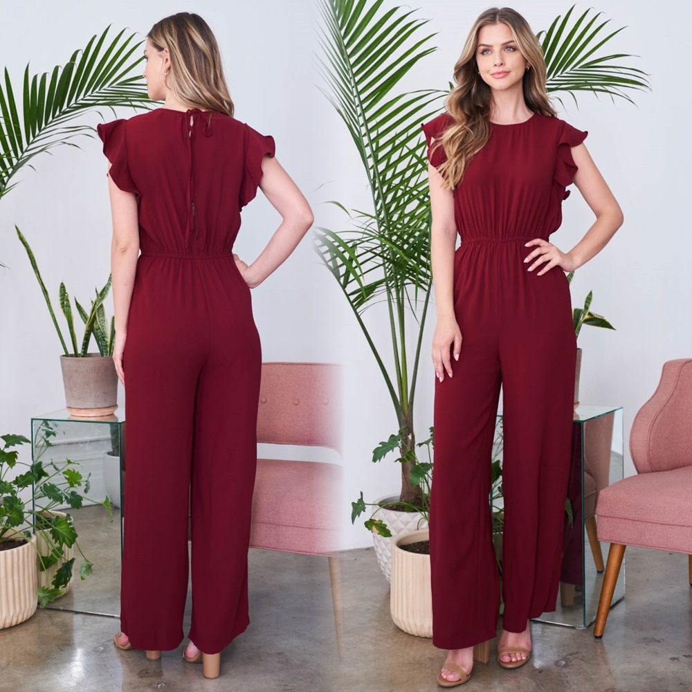 Ina Deep Red Ruffle Sleeve Jumpsuit - Picture 1 of 5